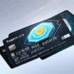 Tarjeta digital futurista sobre un fondo tecnológico con iconos de seguros