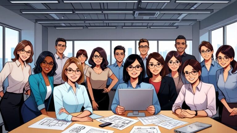 Oficina moderna con un grupo de emprendedores trabajando de manera colaborativa.