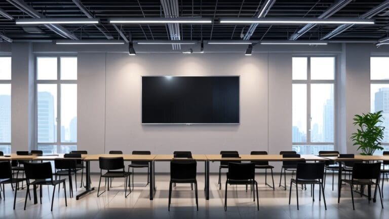 Una sala moderna de oficina con pantallas mostrando gráficos de crecimiento empresarial