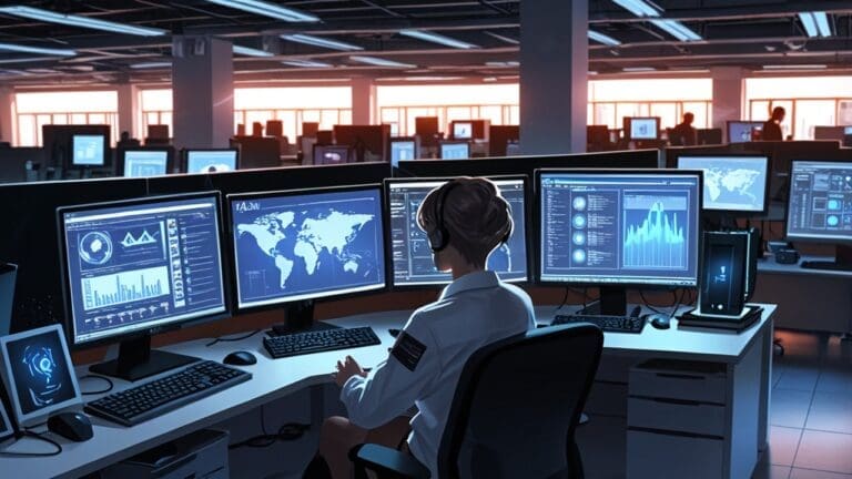 Oficina moderna con computadoras mostrando software de inteligencia artificial en uso