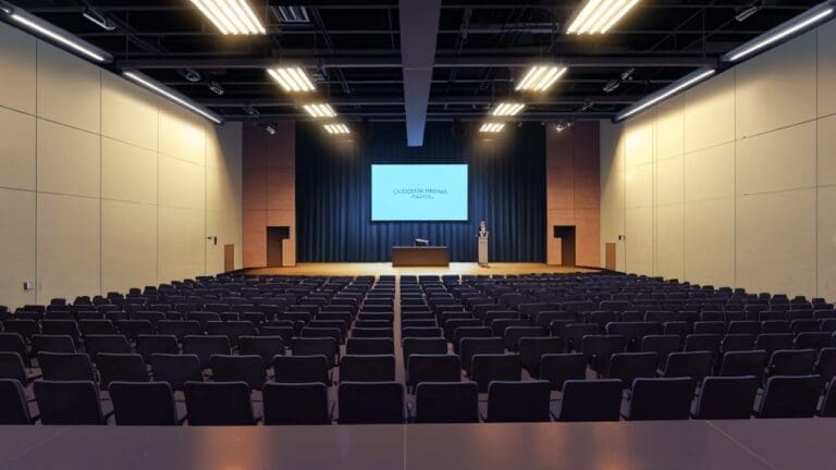 Interior de un centro de conferencias lleno de público durante un evento tecnológico