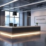 Oficina moderna de empresa tecnológica con escritorios vacíos y luz natural