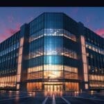 Edificio corporativo moderno en ciudad tecnológica latinoamericana al atardecer