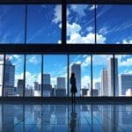 Vista moderna de un centro tecnológico con rascacielos y cielo despejado