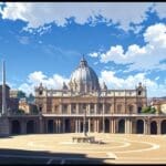 Vista panorámica de la Plaza San Pedro bajo un cielo nublado, rodeada de edificios históricos del Vaticano