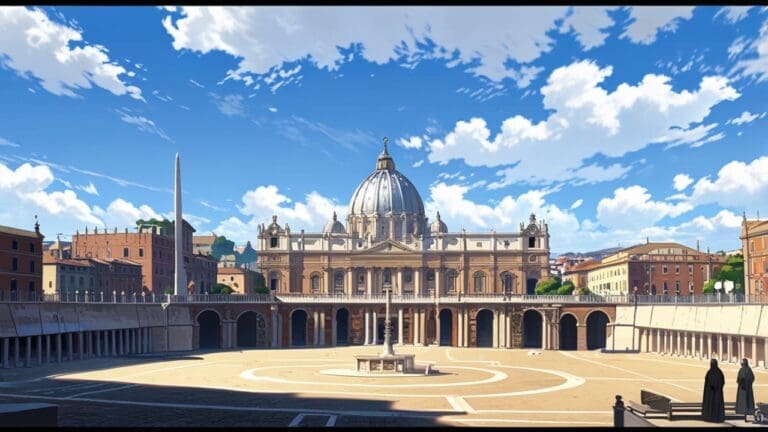 Vista panorámica de la Plaza San Pedro bajo un cielo nublado, rodeada de edificios históricos del Vaticano