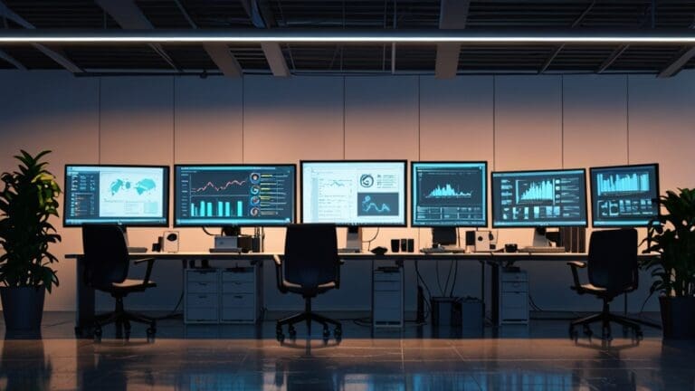 Oficina moderna de una startup tecnológica con computadores y pantallas que muestran gráficos de inteligencia artificial