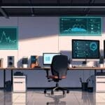 Oficinas modernas de una startup con computadoras y gráficos de crecimiento en pantallas.