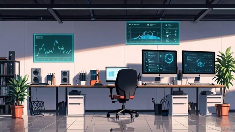 Oficinas modernas de una startup con computadoras y gráficos de crecimiento en pantallas.