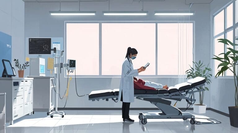 Ilustración de un paciente utilizando un dispositivo tecnológico en un entorno clínico moderno.