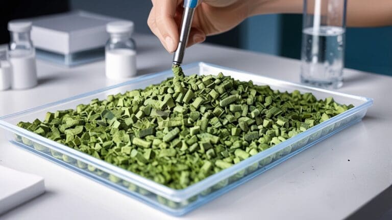 Primer plano de pellets de algas ubicados en una mesa de laboratorio moderna.