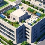 Vista aérea de un moderno edificio corporativo rodeado de vegetación