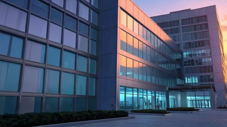 Edificios modernos de tecnología en un campus corporativo al amanecer