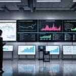 Oficinas modernas de una institución financiera con pantallas digitales y gráficos de innovación.