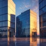 Dos edificios modernos de empresas tecnológicas con el amanecer de fondo, simbolizando innovación y colaboración empresarial.