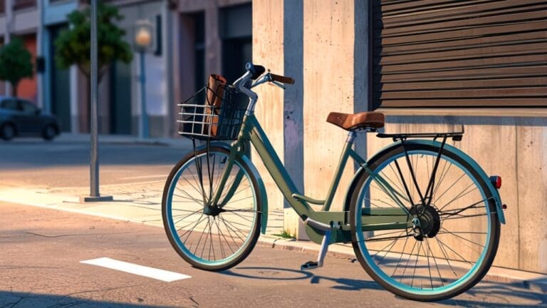 Primer plano de una bicicleta urbana con un accesorio eléctrico innovador en una calle moderna.