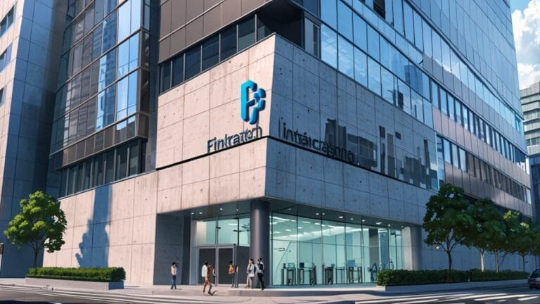 Edificio corporativo moderno con logotipo de fintech en una ciudad.