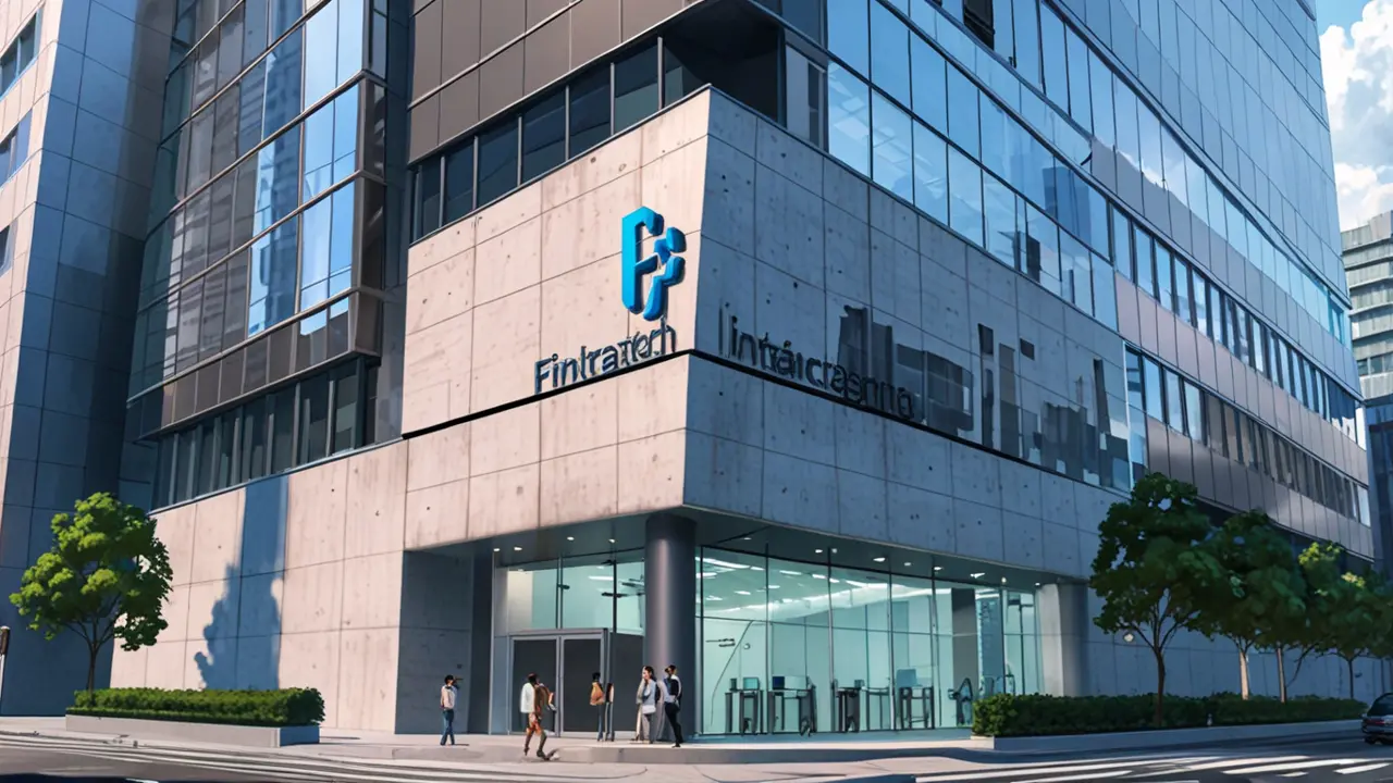 Edificio corporativo moderno con logotipo de fintech en una ciudad.