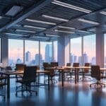 Oficinas modernas de una startup tecnológica bajo un cielo nublado