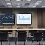 Sala de reuniones financiera moderna con gráficos en pantallas de computadora