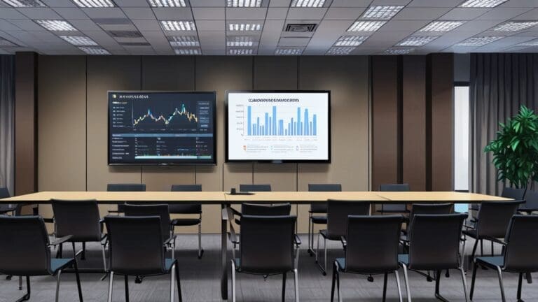 Sala de reuniones financiera moderna con gráficos en pantallas de computadora