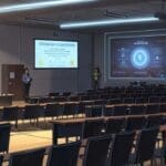 Serenos de Lima recibiendo una capacitación sobre seguridad en una sala moderna y tecnológica.