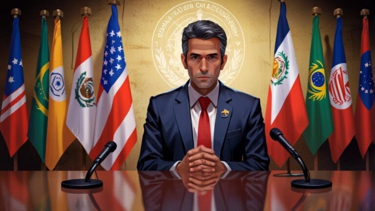 Retrato de un líder en una conferencia de prensa con un fondo de banderas de países latinoamericanos