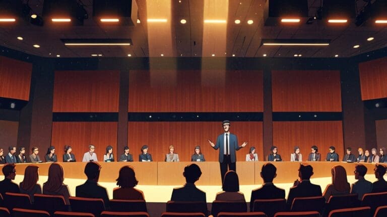 Personas reunidas en un auditorio moderno discutiendo innovaciones tecnológicas