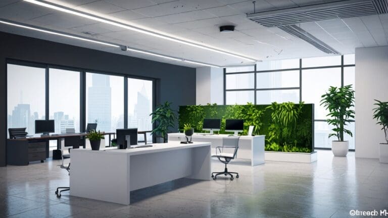 Oficina moderna con elementos tecnológicos y plantas verdes representando salud y tecnología