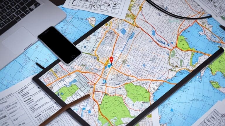 Imagen de un escritorio moderno con laptop y smartphone mostrando mapas digitales