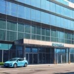 Exterior moderno de un edificio de oficinas de tecnología con un coche eléctrico en primer plano