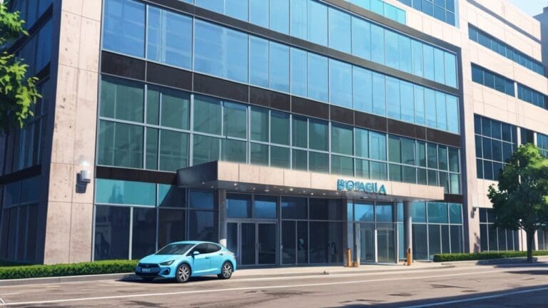Exterior moderno de un edificio de oficinas de tecnología con un coche eléctrico en primer plano