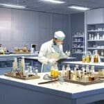 Laboratorio moderno con técnicos trabajando en muestras biológicas sobre mesas blancas