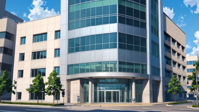 Fachada moderna de una sede corporativa de tecnología en un entorno urbano