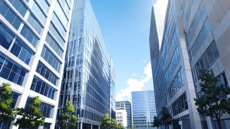 Conjunto de modernos edificios de oficinas rodeados de árboles en el centro de una ciudad tecnológica