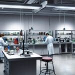 Vista de un moderno laboratorio tecnológico con equipos avanzados de captura de carbono.