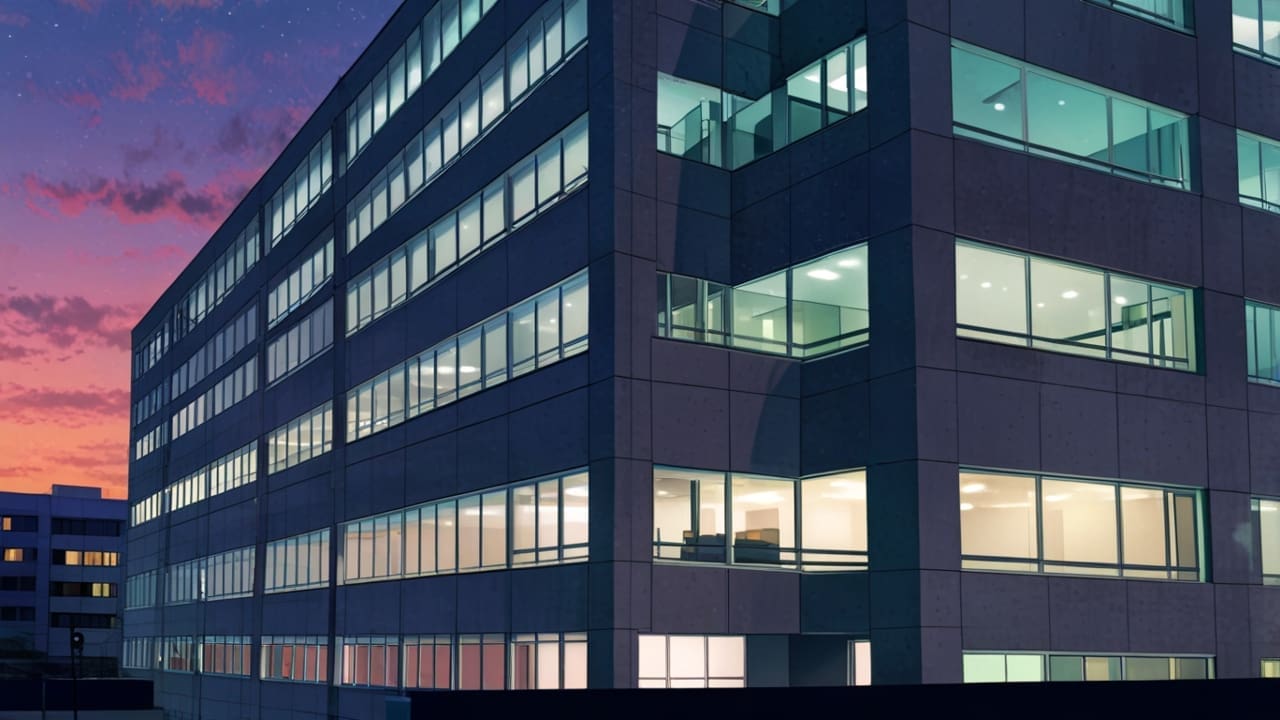 Edificios modernos de oficinas con luces brillantes al anochecer