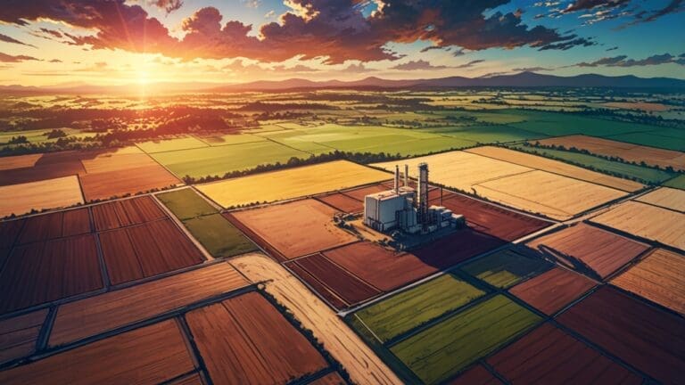 Vista aérea de una planta tecnológica en un paisaje rural al atardecer