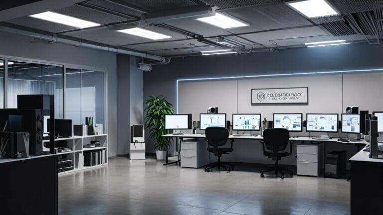 Oficina moderna con computadoras y equipos de edición de video, ambiente tecnológico