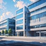 Fachada moderna de oficinas tecnológicas, con arquitectura futurista y elementos digitales