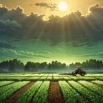 Primer plano de un dispositivo tecnológico en un campo de cultivo verde al amanecer