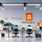 Oficina moderna de tecnología con ordenadores y logotipos de startups
