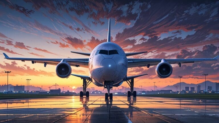 Avión aterrizando con tecnología radar en un aeropuerto moderno al amanecer.
