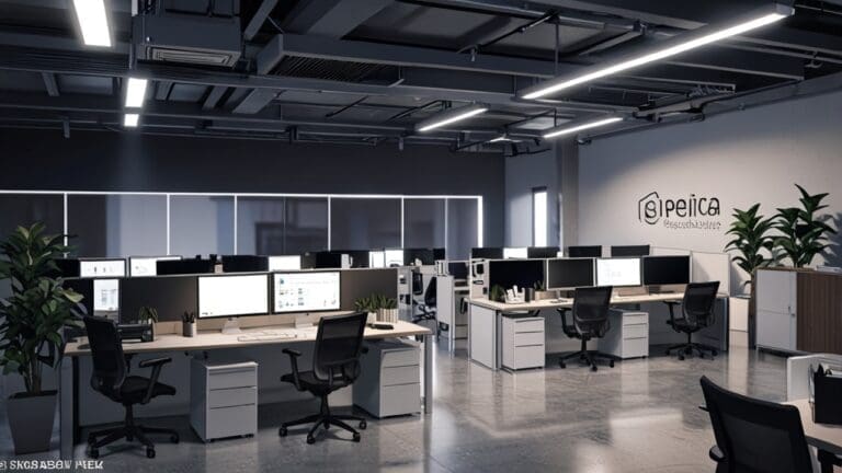 Oficinas modernas y tecnológicas con equipos de trabajo colaborando en un espacio abierto