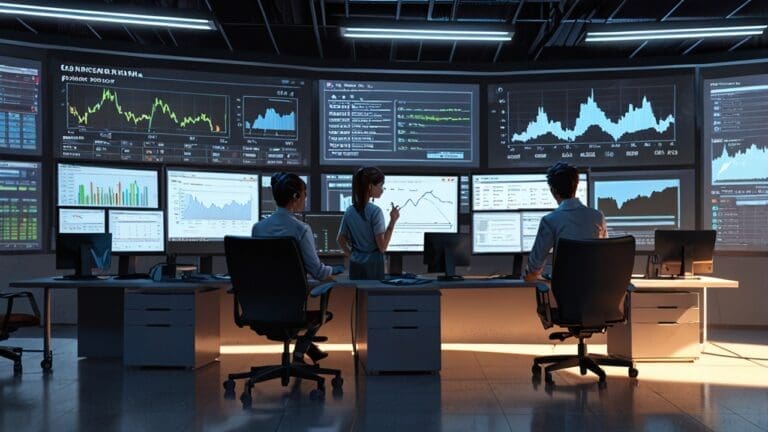 Oficina moderna con computadoras y gráficos de financiación en pantalla