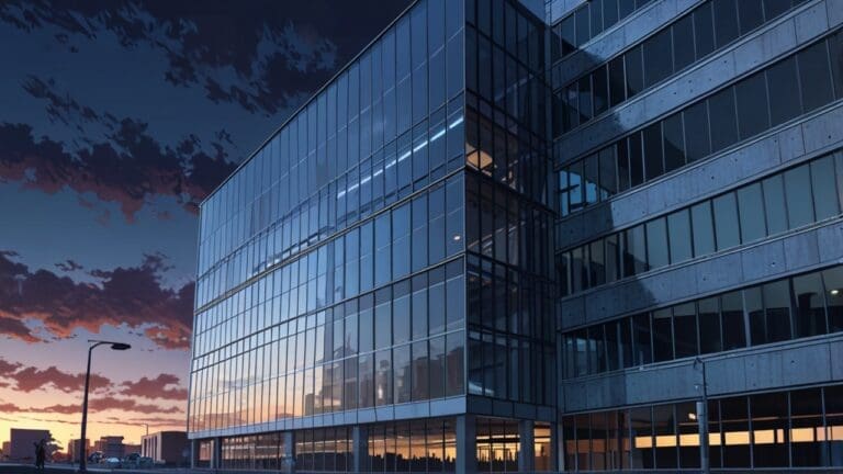 Vista moderna de un edificio de oficinas innovador al anochecer, con iluminación tecnológica.