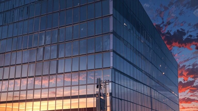 Edificio de oficinas tecnológicas modernas iluminado al atardecer, reflejando un enfoque corporativo y tecnológico