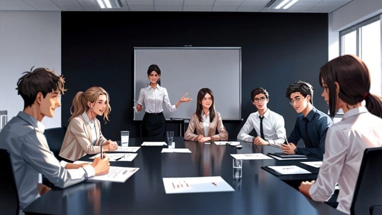 Oficina moderna con un grupo de jóvenes profesionales discutiendo en una mesa de conferencias.