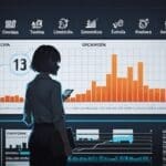 Oficina moderna con pantallas mostrando estadísticas de redes sociales y gráficos de crecimiento.