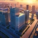 Vista aérea de un distrito tecnológico moderno con edificios corporativos al amanecer